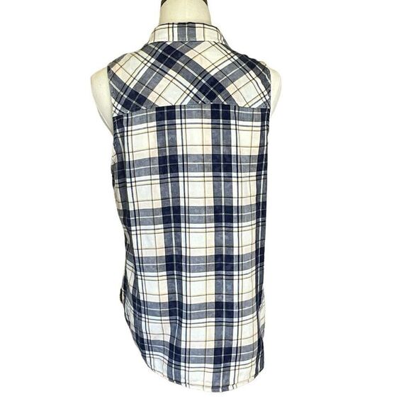 Maurices Womens Size Large Button Front Shirt Blue Yellow Plaid Sleeveless - Picture 9 of 11